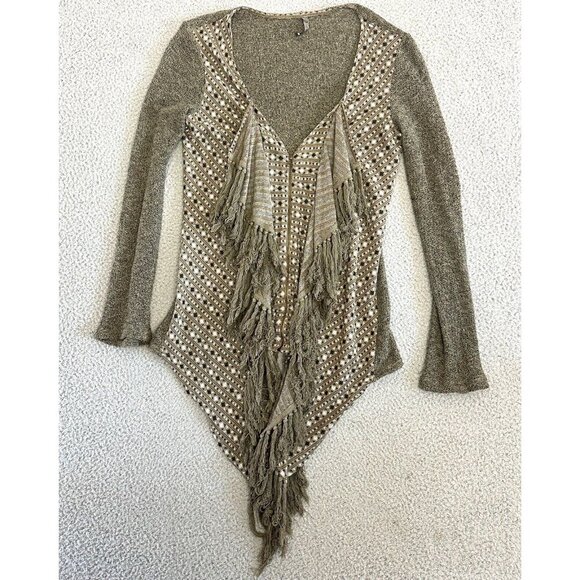 XCVI Jacket Fringe Tassels Boho Zip Up Asymmetric Knit Olive Green Black - Picture 1 of 16